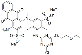 disodium 1-amino-4-[[3-[[4-chloro-6-(2-ethoxyethoxy)-1,3,5-triazin-2-yl]amino]-2,4,6-trimethyl-5-sulphonatophenyl]amino]-9,10-dihydro-9,10-dioxoanthracene-2-sulphonate Struktur