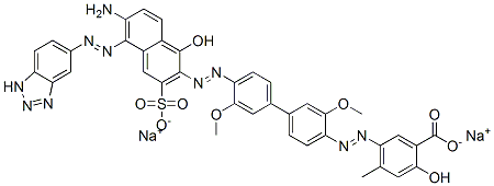 Benzoic acid, 5-[[4'-[[6-amino-5-(1H-benzotriazol- 5-ylazo)-1-hydroxy-3-sulfo-2-naphthalenyl ]azo]-3,3'-dimethoxy[1,1'-biphenyl]-4-yl]azo]- 2-hydroxy-4-methyl-, disodium salt Struktur