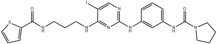 N-[3-[[5-碘-4-[[3-[(2-噻吩基羰基)氨基]丙基]氨基]-2-嘧啶基]氨基]苯基]-1-吡咯烷甲酰胺, 702675-74-9, 结构式