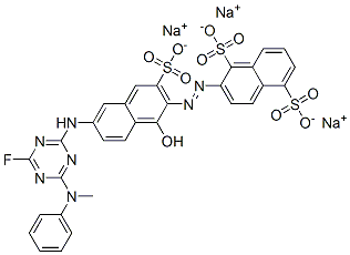 trisodium 2-[[6-[[4-fluoro-6-(methylphenylamino)-1,3,5-triazin-2-yl]amino]-1-hydroxy-3-sulphonato-2-naphthyl]azo]naphthalene-1,5-disulphonate Struktur