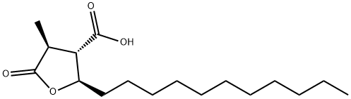 [2R,(+)]-テトラヒドロ-4α-メチル-5-オキソ-2α-ウンデシル-3β-フランカルボン酸 化学構造式