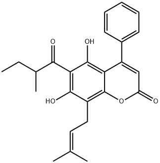 5,7-Dihydroxy-8-(3-methyl-2-butenyl)-6-(2-methylbutyryl)-4-phenyl-2H-1-benzopyran-2-one Structure