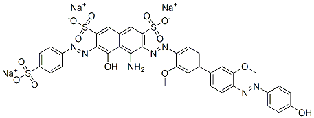 trisodium 4-amino-5-hydroxy-3-[[4'-[(4-hydroxyphenyl)azo]-3,3'-dimethoxy[1,1'-biphenyl]-4-yl]azo]-6-[(4-sulphonatophenyl)azo]naphthalene-2,7-disulphonate Structure