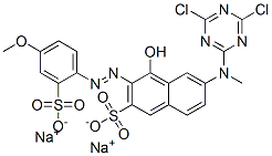 disodium 6-[(4,6-dichloro-1,3,5-triazin-2-yl)methylamino]-4-hydroxy-3-[(4-methoxy-2-sulphonatophenyl)azo]naphthalene-2-sulphonate Struktur