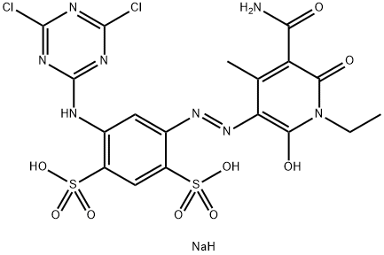 disodium 4-[[5-(aminocarbonyl)-1-ethyl-1,6-dihydro-2-hydroxy-4-methyl-6-oxo-3-pyridyl]azo]-6-[(4,6-dichloro-1,3,5-triazin-2-yl)amino]benzene-1,3-disulphonate Structure
