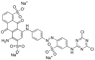 trisodium 5-amino-8-[[4-[[4-[(4,6-dichloro-1,3,5-triazin-2-yl)amino]-2-sulphonatophenyl]azo]phenyl]amino]-9,10-dihydro-9,10-dioxoanthracene-1,6-disulphonate Struktur