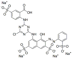 tetrasodium hydrogen 2-[[4-chloro-6-[[8-hydroxy-3,6-disulphonato-7-[(2-sulphonatophenyl)azo]-1-naphthyl]amino]-1,3,5-triazin-2-yl]amino]-5-sulphonatobenzoate Struktur