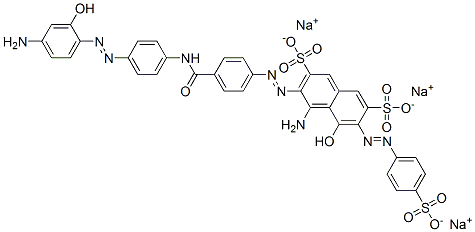 4-アミノ-3-[[4-[[[4-[(4-アミノ-2-ヒドロキシフェニル)アゾ]フェニル]アミノ]カルボニル]フェニル]アゾ]-5-ヒドロキシ-6-[[4-(ソジオオキシスルホニル)フェニル]アゾ]-2,7-ナフタレンジスルホン酸ジナトリウム 化学構造式