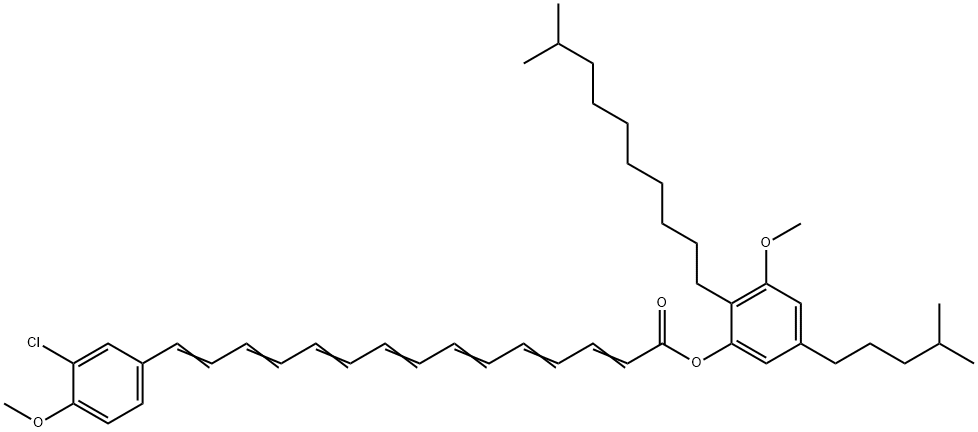 15-(3-クロロ-4-メトキシフェニル)-2,4,6,8,10,12,14-ペンタデカヘプタエン酸3-メトキシ-2-(9-メチルデシル)-5-(4-メチルペンチル)フェニル 化学構造式