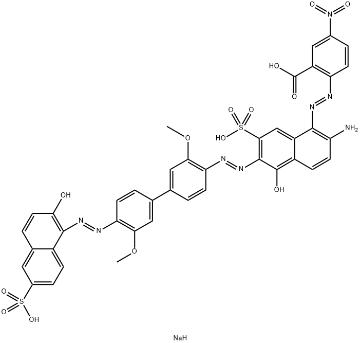 trisodium 2-[[2-amino-5-hydroxy-6-[[4'-[(2-hydroxy-6-sulphonato-1-naphthyl)azo]-3,3'-dimethoxy[1,1'-biphenyl]-4-yl]azo]-7-sulphonato-1-naphthyl]azo]-5-nitrobenzoate Struktur