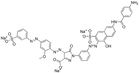 1-[3-[[6-[(4-アミノベンゾイル)アミノ]-1-ヒドロキシ-3-スルホ-2-ナフタレニル]アゾ]フェニル]-4,5-ジヒドロ-4-[[2-メトキシ-4-[(3-スルホフェニル)アゾ]フェニル]アゾ]-5-オキソ-1H-ピラゾール-3-カルボン酸トリナトリウム 化学構造式