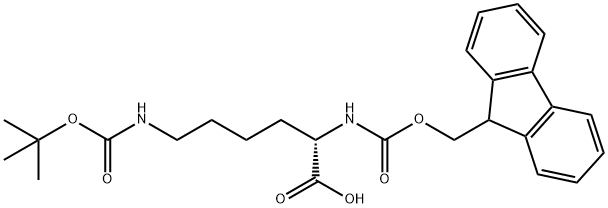 Nε-(tert-ブトキシカルボニル)-Nα-[(9H-フルオレン-9-イルメトキシ)カルボニル]-L-リジン 化学構造式
