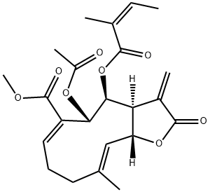 (3aS,4S,5S,6E,10E,11aR)-5-アセトキシ-2,3,3a,4,5,8,9,11a-オクタヒドロ-10-メチル-3-メチレン-4-[[(Z)-2-メチル-1-オキソ-2-ブテニル]オキシ]-2-オキソシクロデカ[b]フラン-6-カルボン酸メチル 化学構造式