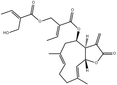 (E)-2-(Hydroxymethyl)-2-butenoic acid [(E)-2-[[(3aR,4R,6E,10E,11aR)-2,3,3a,4,5,8,9,11a-octahydro-6,10-dimethyl-3-methylene-2-oxocyclodeca[b]furan-4-yl]oxycarbonyl]-2-butenyl] ester Struktur