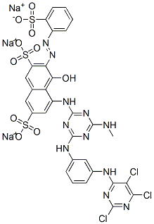 trisodium 4-hydroxy-5-[[4-(methylamino)-6-[[3-[(2,5,6-trichloro-4-pyrimidinyl)amino]phenyl]amino]-1,3,5-triazin-2-yl]amino]-3-[(2-sulphonatophenyl)azo]naphthalene-2,7-disulphonate Structure