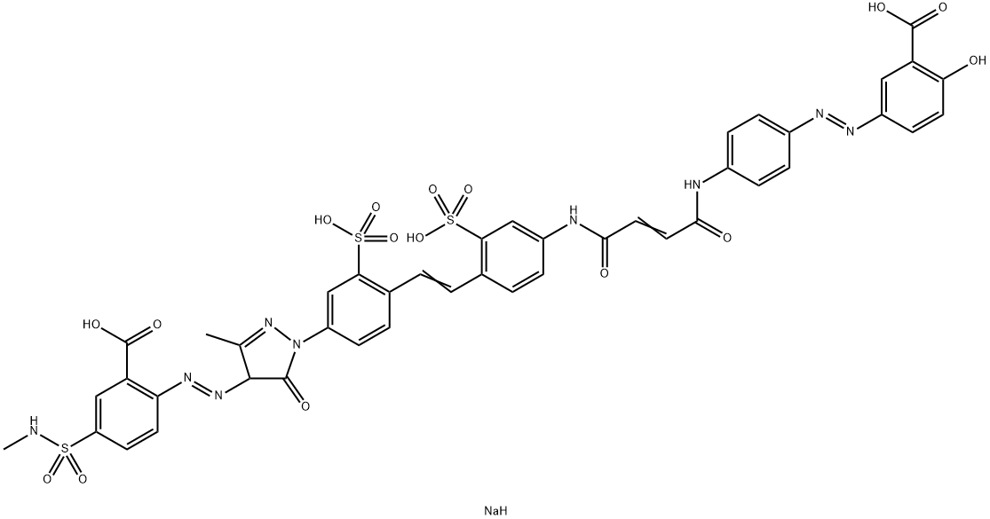 Benzoic acid, 2-[[1-[4-[2-[4-[[4-[[4-[(3-carboxy-4-hydroxyphenyl)azo]phenyl]amino]-1,4-dioxo-2-butenyl]amino]-2-sulfophenyl]ethenyl]-3-sulfophenyl]-4,5-dihydro-3-methyl-5-oxo-1H-pyrazol-4-yl]azo]-5-[(methylamino)sulfonyl]-, tetrasodium salt Structure