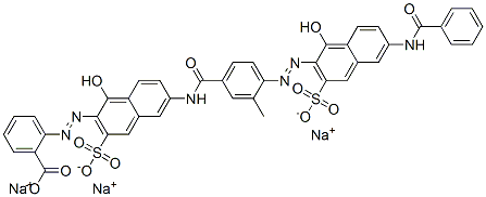 trisodium 2-[[6-[[4-[[6-(benzoylamino)-1-hydroxy-3-sulphonato-2-naphthyl]azo]-3-methylbenzoyl]amino]-1-hydroxy-3-sulphonato-2-naphthyl]azo]benzoate Struktur