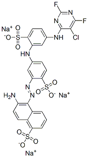 6-アミノ-5-[[5-[[5-[(5-クロロ-2,6-ジフルオロ-4-ピリミジニル)アミノ]-2-スルホフェニル]アミノ]-2-スルホフェニル]アゾ]-1-ナフタレンスルホン酸トリナトリウム 化学構造式