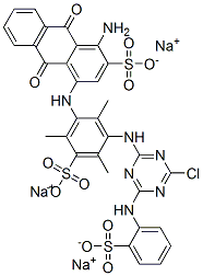 trisodium 1-amino-4-[[3-[[4-chloro-6-[(sulphonatophenyl)amino]-1,3,5-triazin-2-yl]amino]-2,4,6-trimethyl-5-sulphonatophenyl]amino]-9,10-dihydro-9,10-dioxoanthracene-2-sulphonate Structure