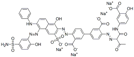 [1,1'-Biphenyl]-3,3'-dicarboxylic acid, 4-[[5-[[5-(aminosulfonyl)-2-hydroxyphenyl]azo]-1-hydroxy-6-(phenylamino)-3-sulfo-2-naphthalenyl]azo]-4'-[[1-[[(3-carboxy-4-hydroxyphenyl)amino]carbonyl]-2-oxopropyl]azo]-, tetrasodium salt Structure