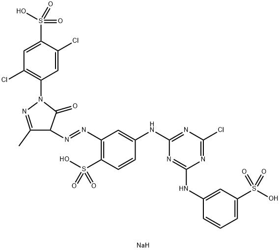 trisodium 4-[[4-chloro-6-[(3-sulphonatophenyl)amino]-1,3,5-triazin-2-yl]amino]-2-[[1-(2,5-dichloro-4-sulphonatophenyl)-4,5-dihydro-3-methyl-5-oxo-1H-pyrazol-4-yl]azo]benzenesulphonate Struktur