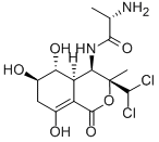 (S)-2-アミノ-N-[(3S)-3α-ジクロロメチル-3,4,4aβ,5,6,7-ヘキサヒドロ-5β,6α,8-トリヒドロキシ-3-メチル-1-オキソ-1H-2-ベンゾピラン-4α-イル]プロパンアミド 化学構造式