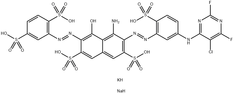 4-氨基-3-[[5-[(5-氯-2,6-二氟-4-嘧啶基)氨基]-2-磺苯基]偶氮]-6-[(2,5-二磺苯基)偶氮]-5-羟基-2,7-萘二磺酸钠钾盐 结构式