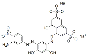 4-[[5-[(3-アミノ-4-ニトロフェニル)アゾ]-2,4-ジヒドロキシフェニル]アゾ]-5-ヒドロキシ-2,7-ナフタレンジスルホン酸ジナトリウム 化学構造式