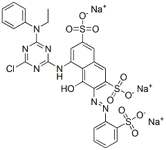 trisodium 5-[[4-chloro-6-(ethylphenylamino)-1,3,5-triazin-2-yl]amino]-4-hydroxy-3-[(2-sulphonatophenyl)azo]naphthalene-2,7-disulphonate Struktur