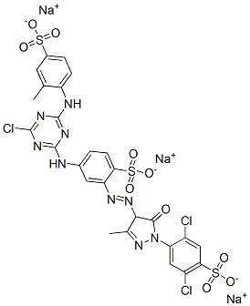 trisodium 4-[[4-chloro-6-[(2-methyl-4-sulphonatophenyl)amino]-1,3,5-triazin-2-yl]amino]-2-[[1-(2,5-dichloro-4-sulphonatophenyl)-4,5-dihydro-3-methyl-5-oxo-1H-pyrazol-4-yl]azo]benzenesulphonate Struktur