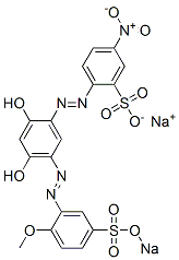 2-[[2,4-ジヒドロキシ-5-[(2-メトキシ-5-スルホフェニル)アゾ]フェニル]アゾ]-5-ニトロベンゼンスルホン酸二ナトリウム 化学構造式