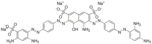 4-アミノ-3-[[4-[(2,4-ジアミノフェニル)アゾ]フェニル]アゾ]-6-[[4-[(2,4-ジアミノ-5-スルホフェニル)アゾ]フェニル]アゾ]-5-ヒドロキシ-2,7-ナフタレンジスルホン酸三ナトリウム 化学構造式