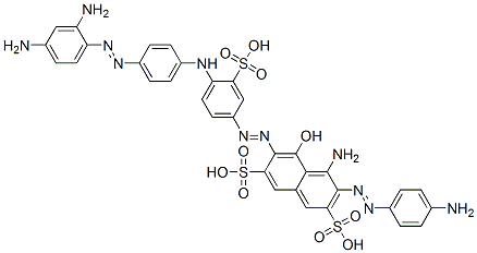 4-アミノ-3-[(4-アミノフェニル)アゾ]-6-[[4-[[4-[(2,4-ジアミノフェニル)アゾ]フェニル]アミノ]-3-スルホフェニル]アゾ]-5-ヒドロキシ-2,7-ナフタレンジスルホン酸 化学構造式
