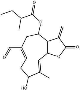 2-Methylbutanoic acid [(3aR,4R,9S,11aR)-6-formyl-2,3,3a,4,5,8,9,11a-octahydro-9-hydroxy-10-methyl-3-methylene-2-oxocyclodeca[b]furan-4-yl] ester Struktur
