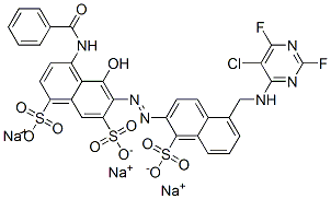 1,7-Naphthalenedisulfonic acid, 4-(benzoylamino)-6-[[5-[[ (5-chloro-2,6-difluoro-4-pyrimidinyl)amino]methyl ]-1-sulfo-2-naphthalenyl]azo]-5-hydroxy-, trisodium salt Struktur