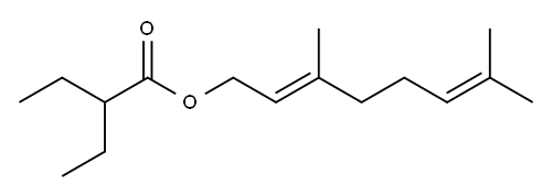 2-エチル酪酸(2E)-3,7-ジメチル-2,6-オクタジエニル 化学構造式