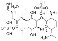 L-chiro-Inositol, 4-amino-1,4-dideoxy-3-O-(2,6-diamino-2,3,4,6,7-penta deoxy-beta-L-lyxo-heptopyranosyl)-6-O-methyl-1-(2-(formimidoylamino)-N -methylacetamido)-, sulfate (1:2), hydrate 结构式