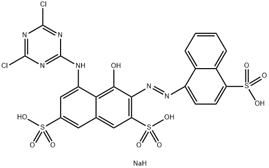 5-[(4,6-ジクロロ-1,3,5-トリアジン-2-イル)アミノ]-4-ヒドロキシ-3-[(4-スルホ-1-ナフチル)アゾ]-2,7-ナフタレンジスルホン酸トリナトリウム 化学構造式