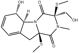 (3R)-2,3,5aβ,6,10,10a-ヘキサヒドロ-6β-ヒドロキシ-3β-(ヒドロキシメチル)-2-メチル-3α,10aα-ビス(メチルチオ)ピラジノ[1,2-a]インドール-1,4-ジオン 化学構造式
