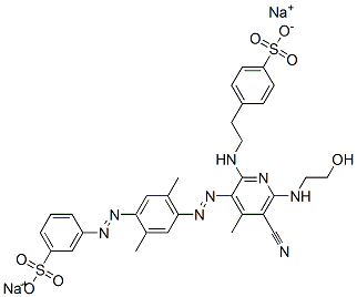 3-[[4-[[5-シアノ-6-[(2-ヒドロキシエチル)アミノ]-4-メチル-2-[[2-(4-スルホフェニル)エチル]アミノ]-3-ピリジニル]アゾ]-2,5-ジメチルフェニル]アゾ]ベンゼンスルホン酸二ナトリウム 化学構造式
