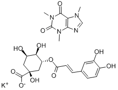 Cyclohexanecarboxylic acid, 3-[[3-(3,4-dihydroxyphenyl)-1-oxo-2-propenyl]oxy]-1,4,5-trihydroxy-, monopotassium salt, [1S-(1alpha,3beta,4alpha,5alpha)]-, compd. with 3,7-dihydro-1,3,7-trimethyl-1H-purine-2,6-dione (1:1) Struktur