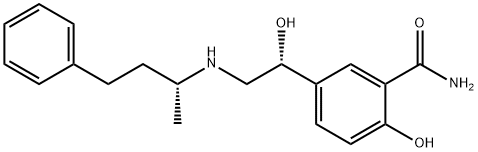 2-ヒドロキシ-5-[(1R)-1-ヒドロキシ-2-[[(1R)-1-メチル-3-フェニルプロピル]アミノ]エチル]ベンズアミド 化学構造式