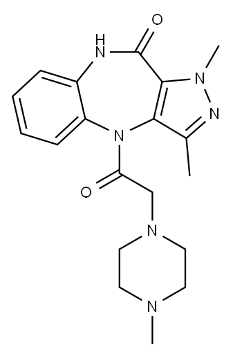 4,9-ジヒドロ-1,3-ジメチル-4-[(4-メチル-1-ピペラジニル)アセチル]ピラゾロ[4,3-b][1,5]ベンゾジアゼピン-10(1H)-オン 化学構造式