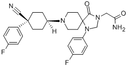 8-[4α-シアノ-4-(4-フルオロフェニル)シクロヘキサン-1α-イル]-1-(4-フルオロフェニル)-4-オキソ-1,3,8-トリアザスピロ[4.5]デカン-3-アセトアミド 化学構造式