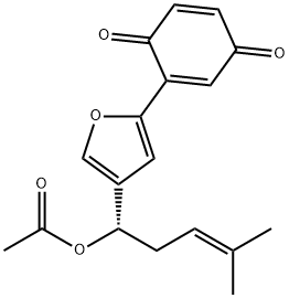 (-)-2-[4-[(S)-1-アセトキシ-4-メチル-3-ペンテニル]-2-フラニル]-2,5-シクロヘキサジエン-1,4-ジオン 化学構造式