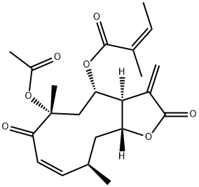 (Z)-2-Methyl-2-butenoic acid (3aS,4S,6R,8Z,10R,11aR)-6-acetoxy-2,3,3a,4,5,6,7,10,11,11a-decahydro-6,10-dimethyl-3-methylene-2,7-dioxocyclodeca[b]furan-4-yl ester 结构式