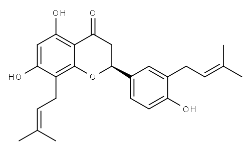 (S)-2,3-ジヒドロ-5,7-ジヒドロキシ-2-[4-ヒドロキシ-3-(3-メチル-2-ブテニル)フェニル]-8-(3-メチル-2-ブテニル)-4H-1-ベンゾピラン-4-オン 化学構造式
