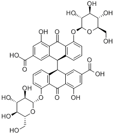 rel-(9R*,9'R*)-5,5'-ビス(β-D-グルコピラノシルオキシ)-9,9',10,10'-テトラヒドロ-4,4'-ジヒドロキシ-10,10'-ジオキソ-9,9'-ビアントラセン-2,2'-ジカルボン酸 化学構造式