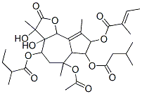 2-Butenoic acid, 2-methyl-, 6-(acetyloxy)-2,3,3a,4,5,6,6a,7,8,9b-decah ydro-3,3a-dihydroxy-3,6,9-trimethyl-4-(2-methyl-1-oxobutoxy)-7-(3-meth yl-1-oxobutoxy)-2-oxoazuleno(4,5-b)furan-8-yl ester Struktur