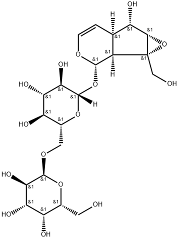 [(1aS,1bα,5aα,6aβ)-1a,1b,2,5a,6,6a-ヘキサヒドロ-6α-ヒドロキシ-1aβ-(ヒドロキシメチル)オキシレノ[4,5]シクロペンタ[1,2-c]ピラン-2α-イル]6-O-α-D-ガラクトピラノシル-β-D-グルコピラノシド 化学構造式